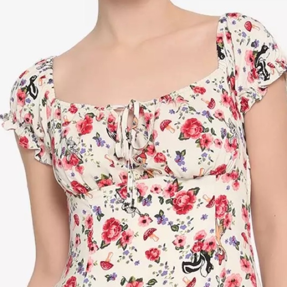 DISNEY BAMBI Floral PUFF SLEEVE MIDI DRESS! Thumper Flower Lace Up Mushrooms NWT - Picture 2 of 7